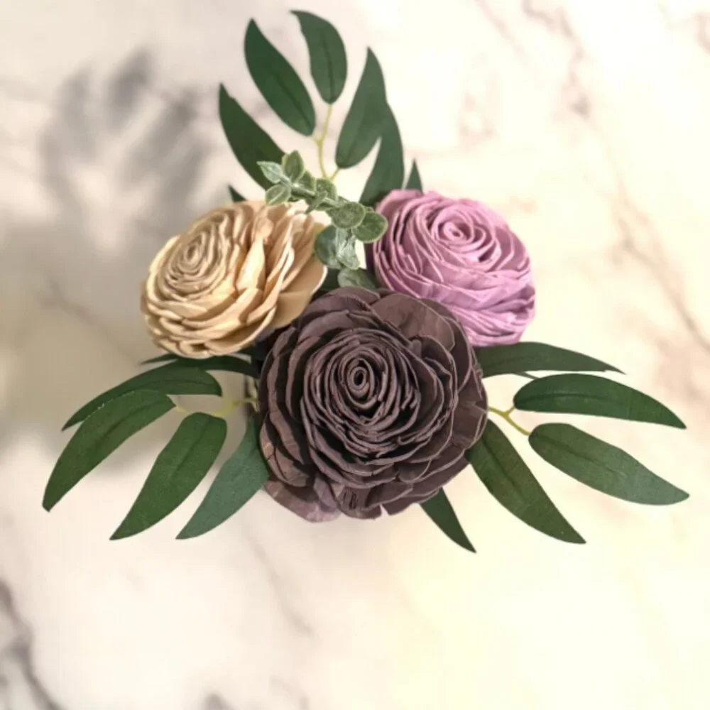 Cream and Purple Sola Wood Flower Arrangement in Burgundy Mason Jar, Home Decor